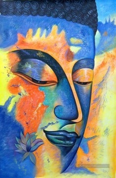 Bouddha bleu avec des nuances jaunes bouddhisme Peinture à l'huile